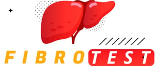 Red liver illustration with yellow and pink text reading FIBROTEST, medical diagnostic test logo