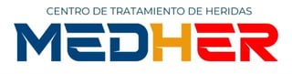 MEDHER Centro de Tratamiento de Heridas logo con texto azul, amarillo y rojo